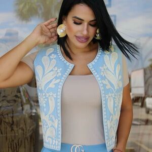 Blue and Cream Floral Embroidered Vest